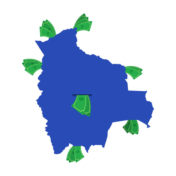 Χάρτης της Βολιβίας σε μπλε με χαρτονομίσματα τριγύρω. Λεφτά φεύγουν από το κέντρο της χώρας. Οικονομία της χώρας της Βολιβίας. Λευκό φόντο. Μεμονωμένα. - Διάνυσμα, εικόνα