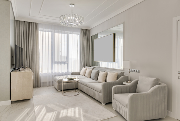 Habitación luminosa grande de diseño interior clásico en colores neutros con muebles y lámpara de araña - Foto, Imagen