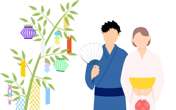 Tanabata Festival, men and women in yukata gazing at Tanabata decorations. - Wektor, obraz