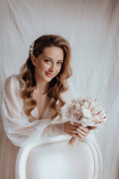 Portrait of beautiful young bride. Delicate female portrait. Wedding make-up. Natural beauty. - Photo, image