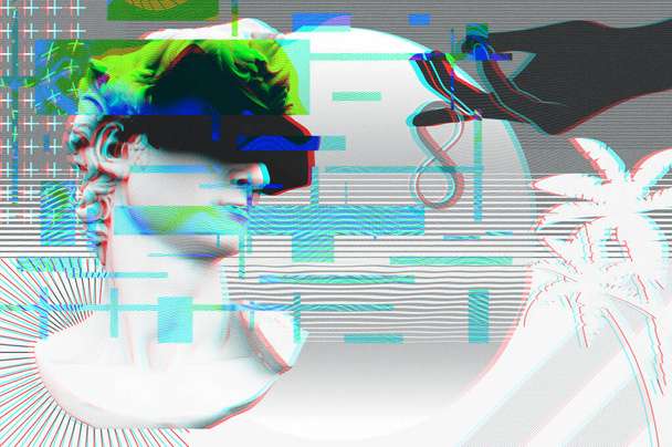 Retro futurystyczny styl 3D ilustracja vaporwave komputerowa estetyka sztuki. Awaria komputerowej estetyki sztuki. Liniowy fala retro, modny, nostalgiczny, kolorowy styl 80s, 90s. - Zdjęcie, obraz