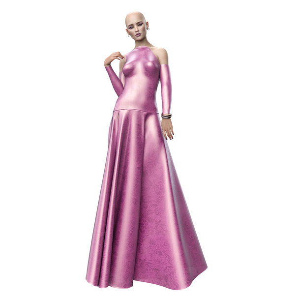 Divat ikon nő barna haj csillogó rózsaszín ruha, 3D Renderelés, 3D illusztráció - Fotó, kép