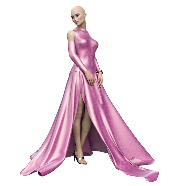 Icono de Moda Mujer con Pelo Marrón en Vestido Rosa Brillante, Representación 3D, Ilustración 3D - Foto, imagen