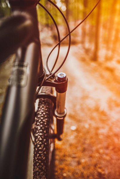 Close up of a suspension air fork on a mountain bike. Riding a bicycle in the forest. Concept of having fun while riding outdoors on a cross country bike. Hydraulic suspension absorbs offroad paths - Photo, image