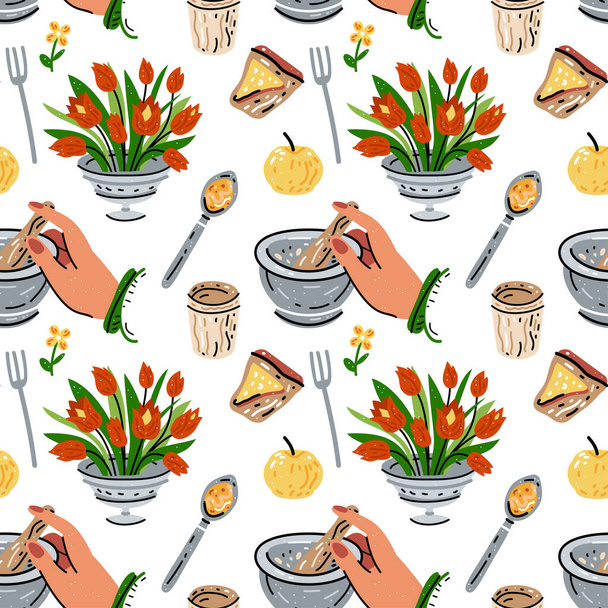 Colored seamless pattern of food and drink. For the menu - Wektor, obraz