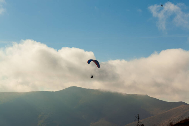 Paraglider flying over clouds in summer day - Foto, afbeelding