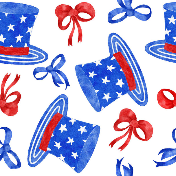 Aquarel hand getekend naadloze patriottische Amerikaanse patroon met 4 juli ballonnen harten hoed bloemen. 4 juli Onafhankelijkheidsdag Amerikaanse stofprint, blauw rood witte achtergrond sterren strepen. - Foto, afbeelding