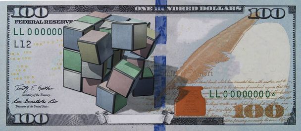 3D görüntüleme. Bir Rubik küpünün görüntüsüne sahip yüz dolarlık banknot.. - Fotoğraf, Görsel