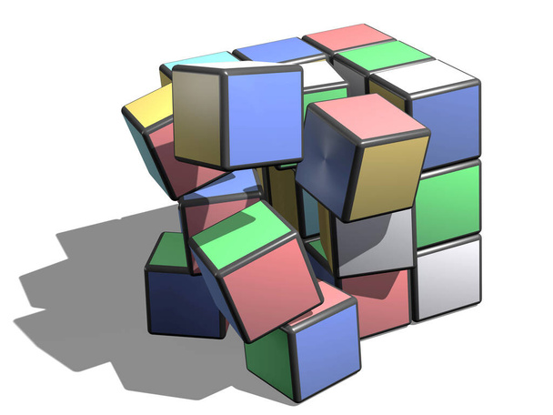 Грохот, разваливающийся и рассеивающий разноцветные квадратные кубики - Фото, изображение