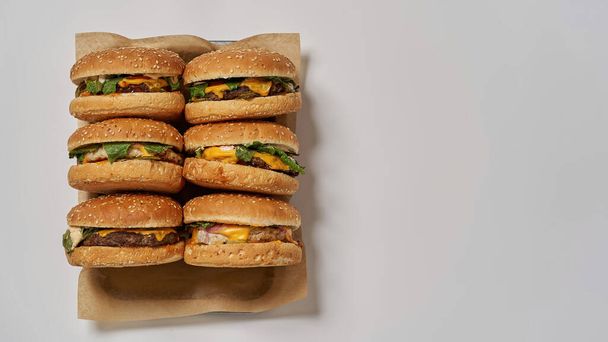 Six tasty burgers on recyclable paper in tray - Φωτογραφία, εικόνα