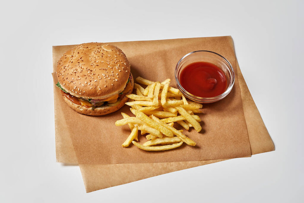 Fast food menu from burger, french fries and sauce - Фото, изображение