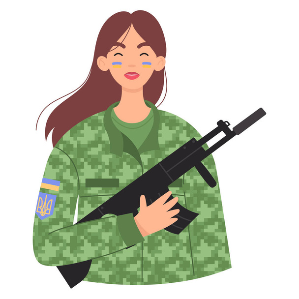 Mulher-soldado ucraniana. Mulher militar com arma ou espingarda. Parar a guerra na Ucrânia. - Vetor, Imagem