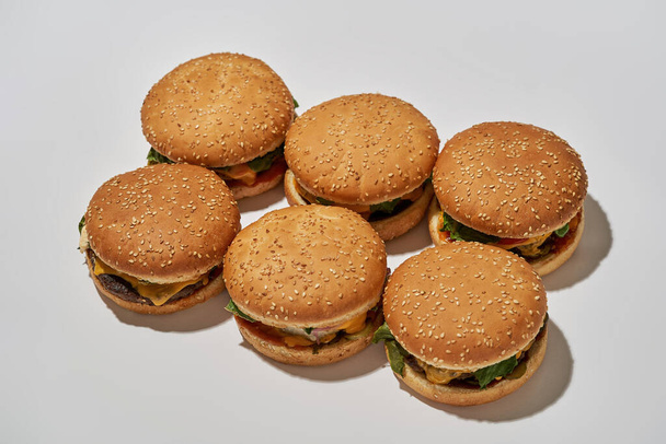 Set of six delicious and appetizing burgers - Fotoğraf, Görsel