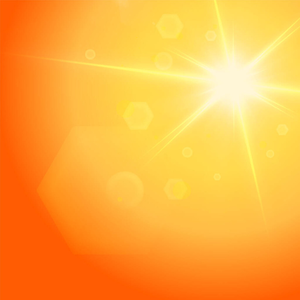 Abstraktní jiskřící čočka září na žlutém a oranžovém pozadí jiskřícím sluncem. Teplé slunce, které je naplněno přirozenými paprsky světla. Izolovaná vektorová ilustrace - Vektor, obrázek