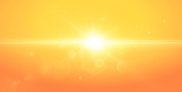 Abstrakcyjny błyszczący rozbłysk soczewki z musującym słońcem na żółtym i pomarańczowym tle. Ciepłe słońce wypełnione naturalnymi promieniami światła. Ilustracja izolowanego wektora - Wektor, obraz