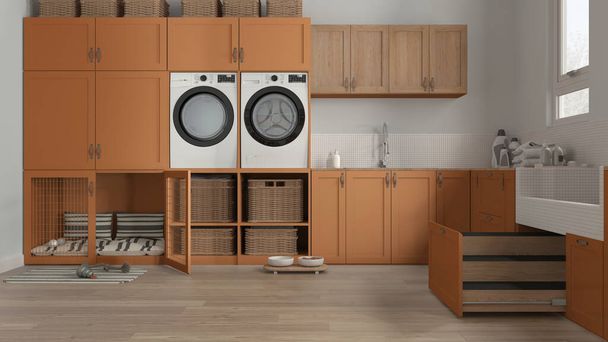 Space devoted to pet, pet friendly laundry room in orange tones with appliances and dog bath shower with wooden ladder inside a drawer. Dog bed with gate. Modern interior design idea - Φωτογραφία, εικόνα