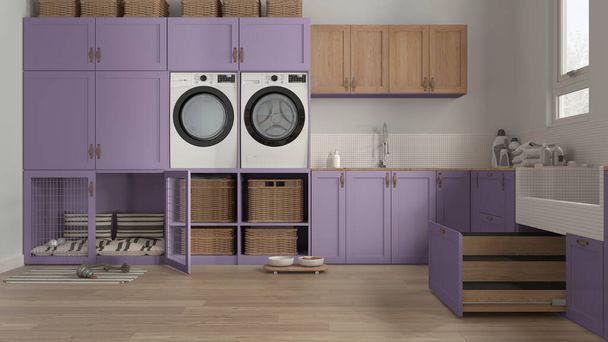 Space devoted to pet, pet friendly laundry room in purple tones with appliances and dog bath shower with wooden ladder inside a drawer. Dog bed with gate. Modern interior design idea - Foto, immagini