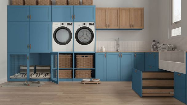Space devoted to pet, pet friendly laundry room in blue tones with appliances and dog bath shower with wooden ladder inside a drawer. Dog bed with gate. Modern interior design concept - Foto, imagen