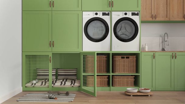 Pet friendly mudroom in green tones, laundry room with appliances, dryer and washing machine, Dog bed with pillows and gate inside furniture. Treat bowl and carpet. Interior design - Zdjęcie, obraz