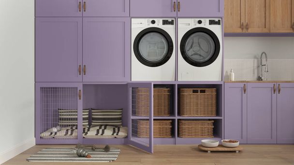 紫色のトーンでペットフレンドリーなマッドルーム、家電付きのランドリールーム、乾燥機と洗濯機、枕付きの犬ベッドと家具の中のゲート。ボウルとカーペットを扱う。インテリアデザイン - 写真・画像