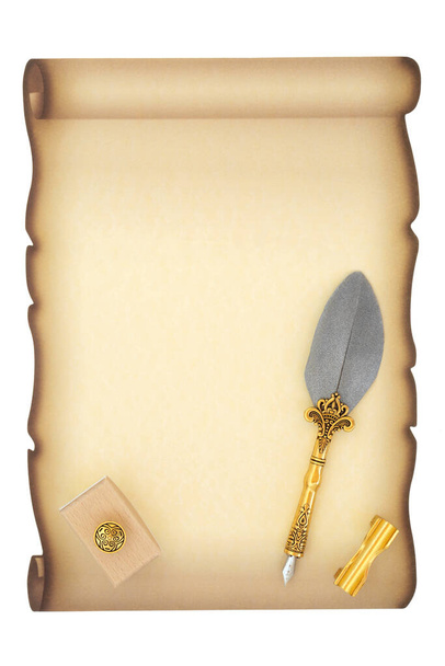 Parchment paper document scroll with ornate feather quill pen, blotter and pen rest. Manuscript, diploma or letter composition. On white background. Copy space for text. - Photo, Image