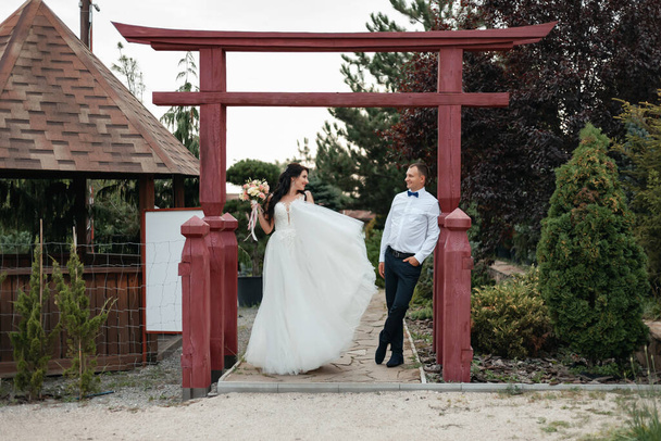 Feliz novia y novio después de la ceremonia de boda. Paseo por el verde jardín botánico. - Foto, Imagen