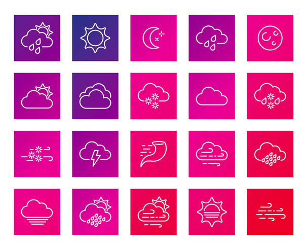 Conjunto de iconos de línea relacionados con el clima. Contiene Viento, Ventisca, Sol, Lluvia y más. Estilo de trazo. - Vector, imagen
