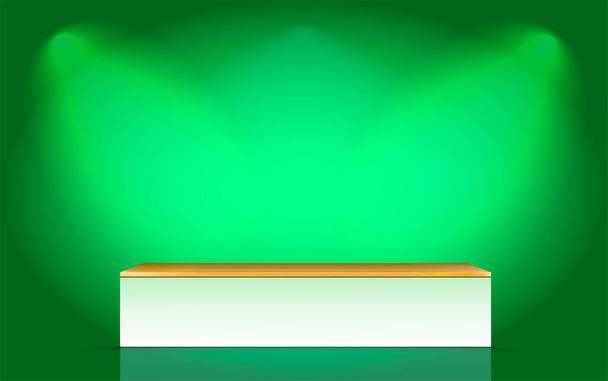 木製のキャップの表彰台と近代的な白。広告商品表示用の抽象ベクトルレンダリング3D形状。照明付きの最小限のシーンスタジオルーム. - ベクター画像