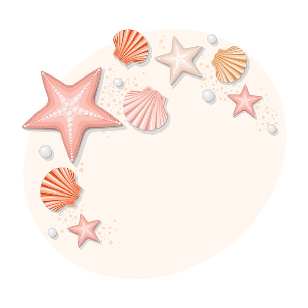 Conchas e estrelas do mar fundo colorido em design plano - Vetor, Imagem