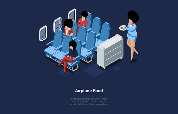 航空機や航空会社のプレステージコンセプトで食事。ビジネスクラスでの乗客のフライト、フライトアテンダントはトロリーフードを提供します。スチュワーデス飛行機で昼食を準備します。アイソメトリック3Dベクトルイラスト - ベクター画像