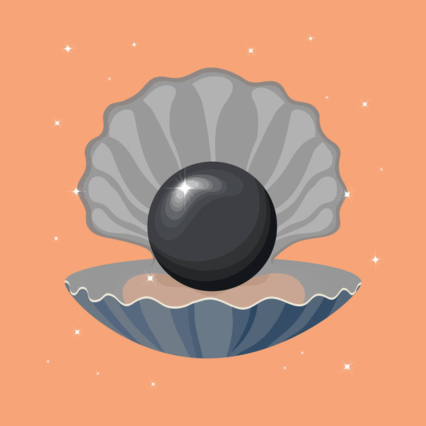 Illustration, cute black pearl in a sea shell on a gentle background with stars. Print, poster, bedroom decor, clip art - Vector, Image