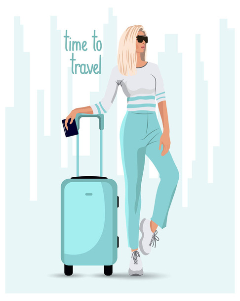 Travel illustration, modern woman in trousers and sneakers with a suitcase on an abstract background of the city. Clip art, poster, design for travel agencies - Vektori, kuva