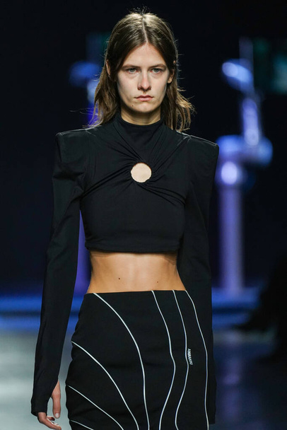 MILAN, ITALY - FEBRUARY 24: A model walks the runway at the Annakiki fashion show during the Milan Fashion Week Fall/Winter 2022/2023 on February 24, 2022 in Milan, Italy. - Fotoğraf, Görsel