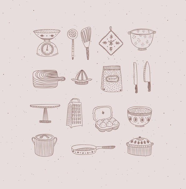 Set of kitchen tools and cooking icons drawing in handmade graphic primitive casual style on peach background. - Vector, Image
