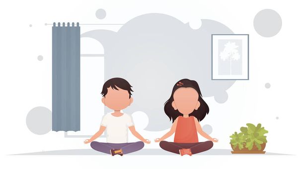 Boy and girl are meditating in the room. Yoga. Cartoon style. Vector illustration - Vektori, kuva