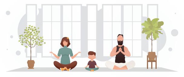 A man and a woman with a little boy are doing yoga in the lotus position in the room. Meditation. Cartoon style. Vector illustration - Vettoriali, immagini