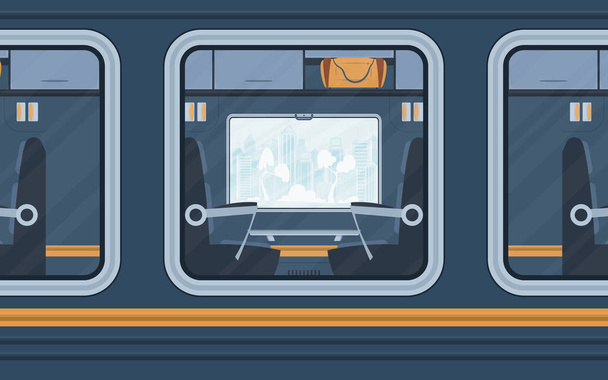 Windows Train. Rail transport is shown outside. Cartoon style. Flat style. - Vettoriali, immagini