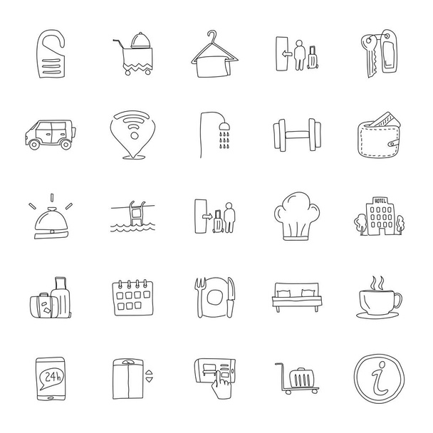 hotel hand drawn linear doodles isolated on white background. hotel icon set for web and ui design, mobile apps and print products - Vektor, kép