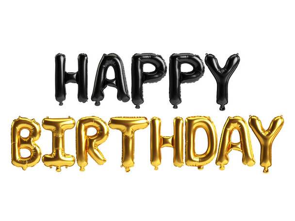 3d illustration black and gold balloons happy birthday-letter isolated on white background - Foto, Imagem