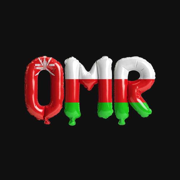 3d illustration of currency omr-letter balloons with flags color Oman isolated on black - Photo, Image
