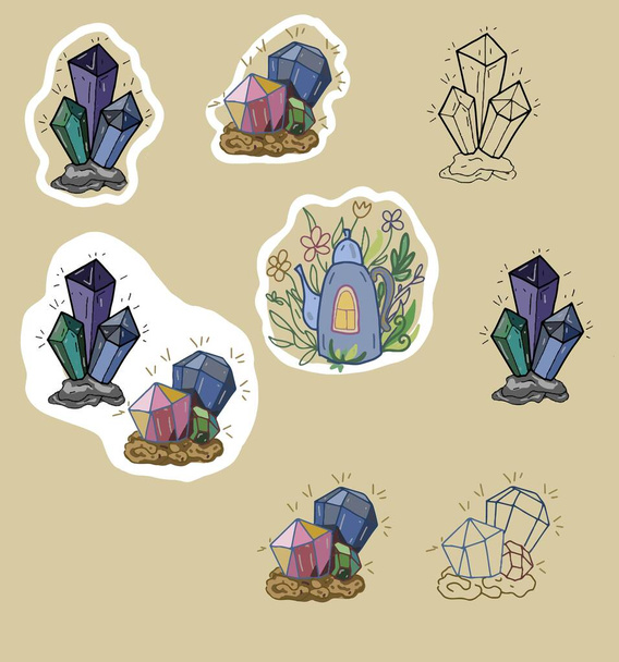 Crystals Stones Colored Illustration Stickers Doodle Sketch Hand Drawn Set Separate Jewelry Treasure Treasure - Vektori, kuva