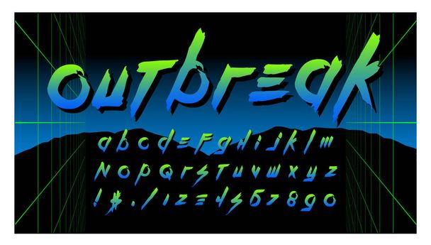 80 's Retro Futurism στυλ γραμματοσειράς. Το αλφάβητο του Βέκτορ Μπρας. Ρετρό φουτουριστικό παλιό στυλ VHS. Απόδραση. Φουτουριστικό παιχνίδι ή μουσική - Διάνυσμα, εικόνα