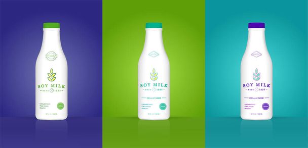 Szója tejes palack színes háttérrel. Egészséges szerves termék szójababból. Vektor illusztráció. Hirdetési sablon. Nyomtatás. - Vektor, kép