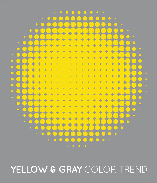 Círculo de color de moda amarillo y gris en medio tono, patrón de punto medio tono, ilustración vectorial. - Vector, imagen