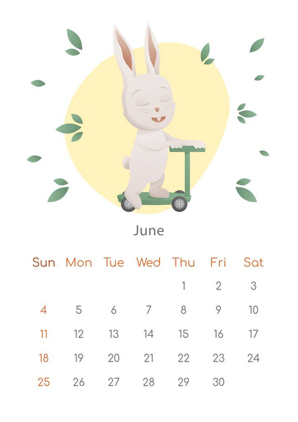 Το σύμβολο του κινεζικού νέου έτους 2023 αφίσα. Πρότυπο σχεδιασμού ημερολογίου τοίχου για τον Ιούνιο. Καλοκαίρι οικόπεδο με το παιδί κουνέλι για σκούτερ. Ημερολόγιο με ζώδια. Η εβδομάδα αρχίζει την Κυριακή. - Διάνυσμα, εικόνα