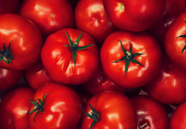 Tomatoes as healthy organic food background, fresh vegetable at farmers market, diet and agriculture concept - Photo, Image