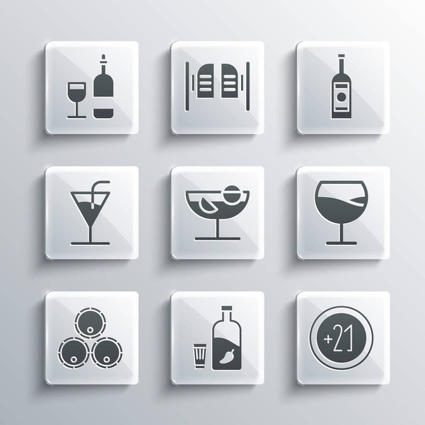 Set Vodka with pepper and glass, Alcohol 21 plus, Wine, Cocktail, Wooden barrels, bottle and Glass of vodka icon. Vector - Vektor, kép
