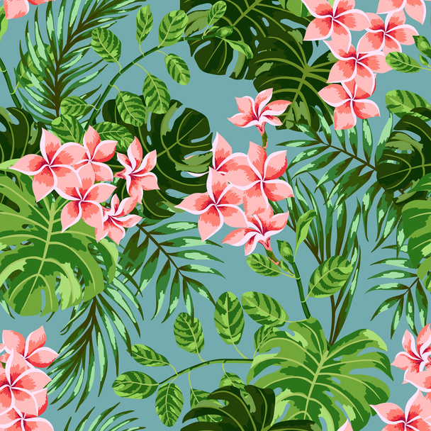 Tropical leaves and flowers - Вектор,изображение