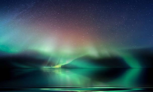grün blau Polarlichter am Sternenhimmel nördliche Meereswellen Reflexion Natur Nebel kosmischer Sternenhintergrund - Foto, Bild