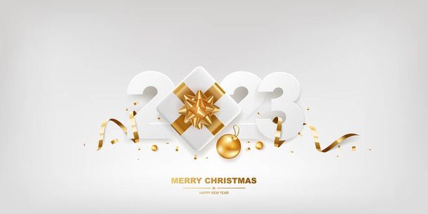 Happy New Year 2023. White paper numbers with golden ribbons, gift box and confetti on a white background. - Wektor, obraz
